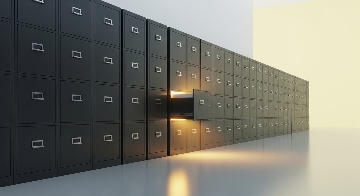 A row of filing cabinets with one drawer open and glowing, symbolizing hidden potential.